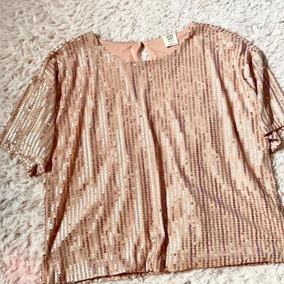 Good Hart by Matilda Jane Tops - Flowy Sequin Rose Gold Glam Whimsical Dopamine Fairy Boxy Oversized Tee Womens L